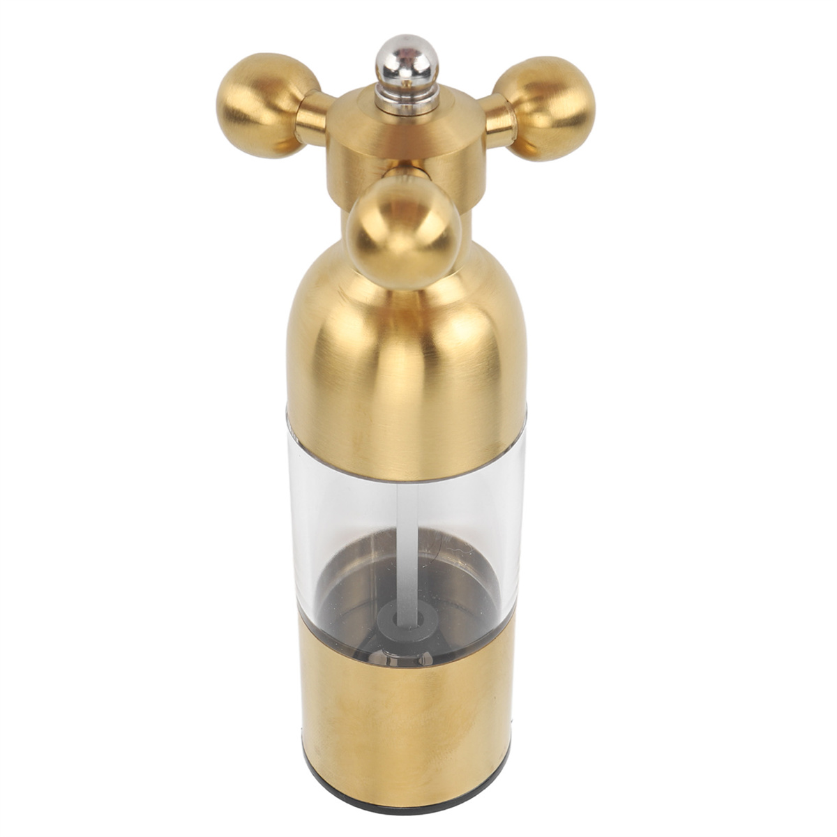 Goldene Pfeffermühle mit durchsichtigem Abschnitt. Oben ein kreuzförmiger Griff.