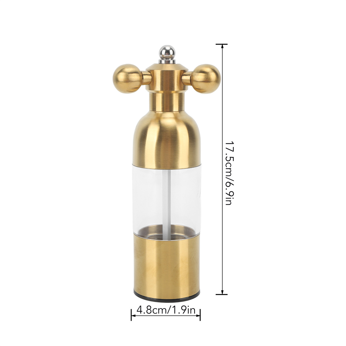 Eine goldfarbene Pfeffermühle mit einem transparenten Behälter und beschrifteten Abmessungen.