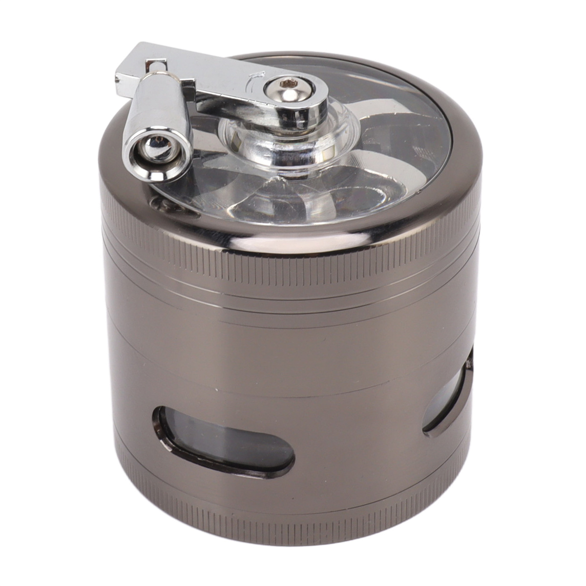Ein metallischer Grinder mit Kurbel und transparentem Deckel. Zylindrisch geformt.