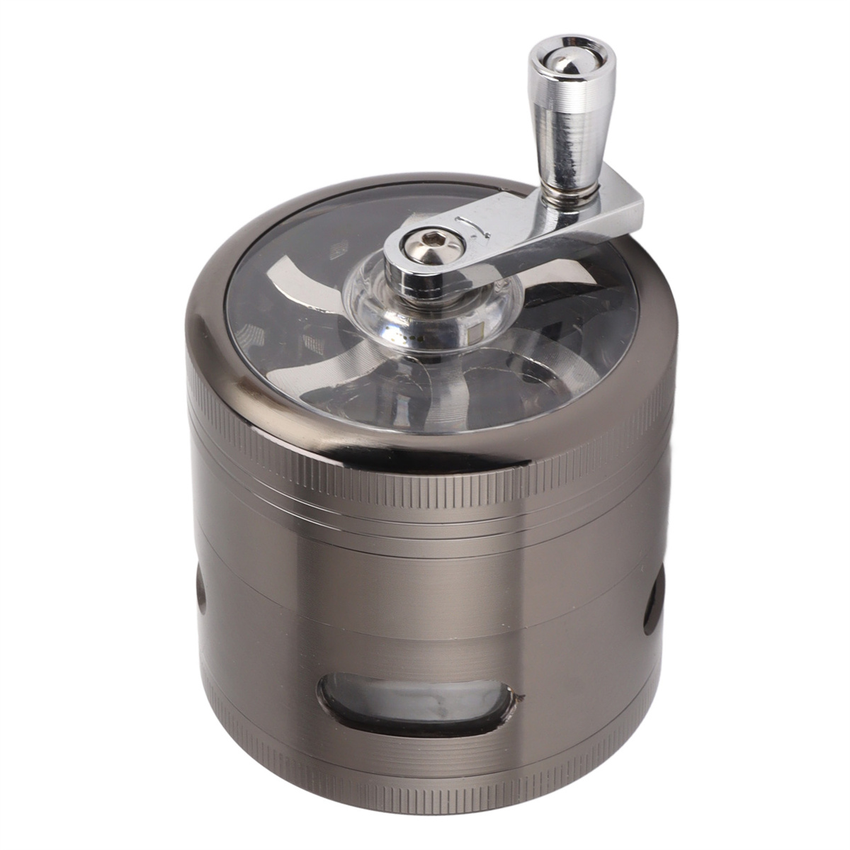 Eine metallische Mühle mit Griff, klarem Deckel und einem transparenten Behälter mit Metallkörper.
