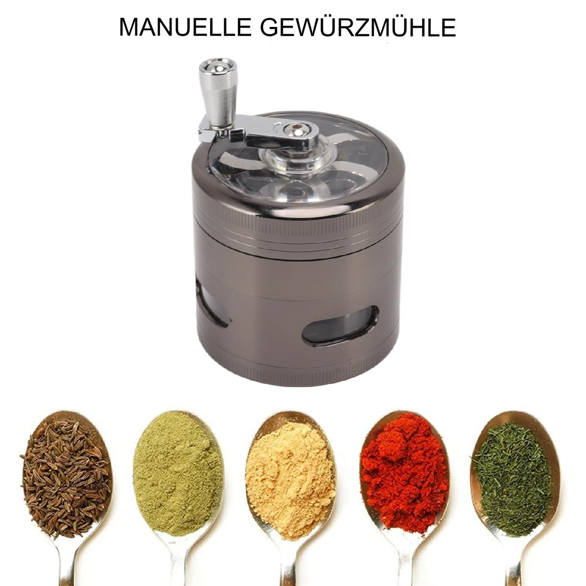 Grauer Grinder mit Griff und Sichtfenster. Darunter Löffel mit Gewürzen.