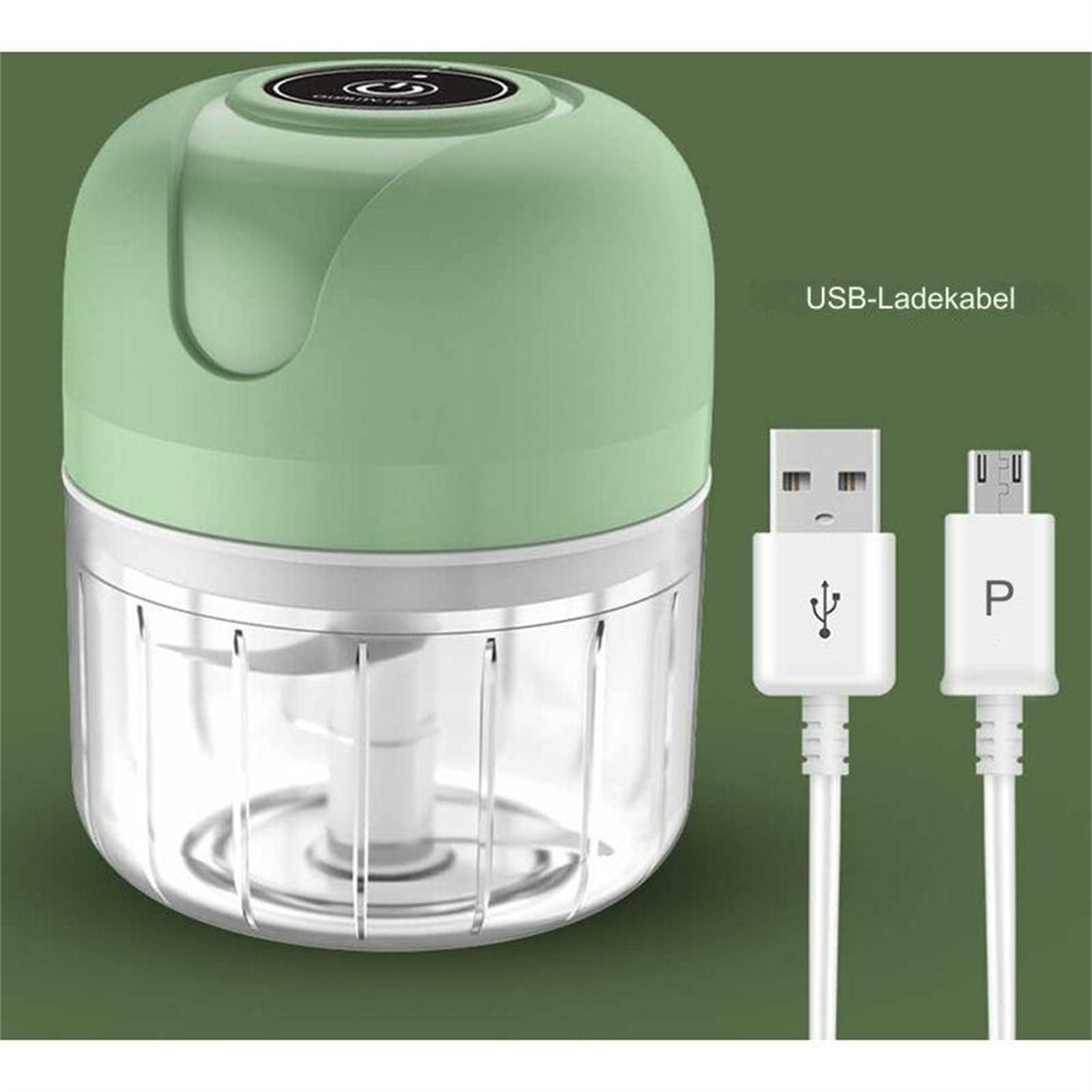 Grüner Mini-Zerkleinerer mit USB-Ladekabel.