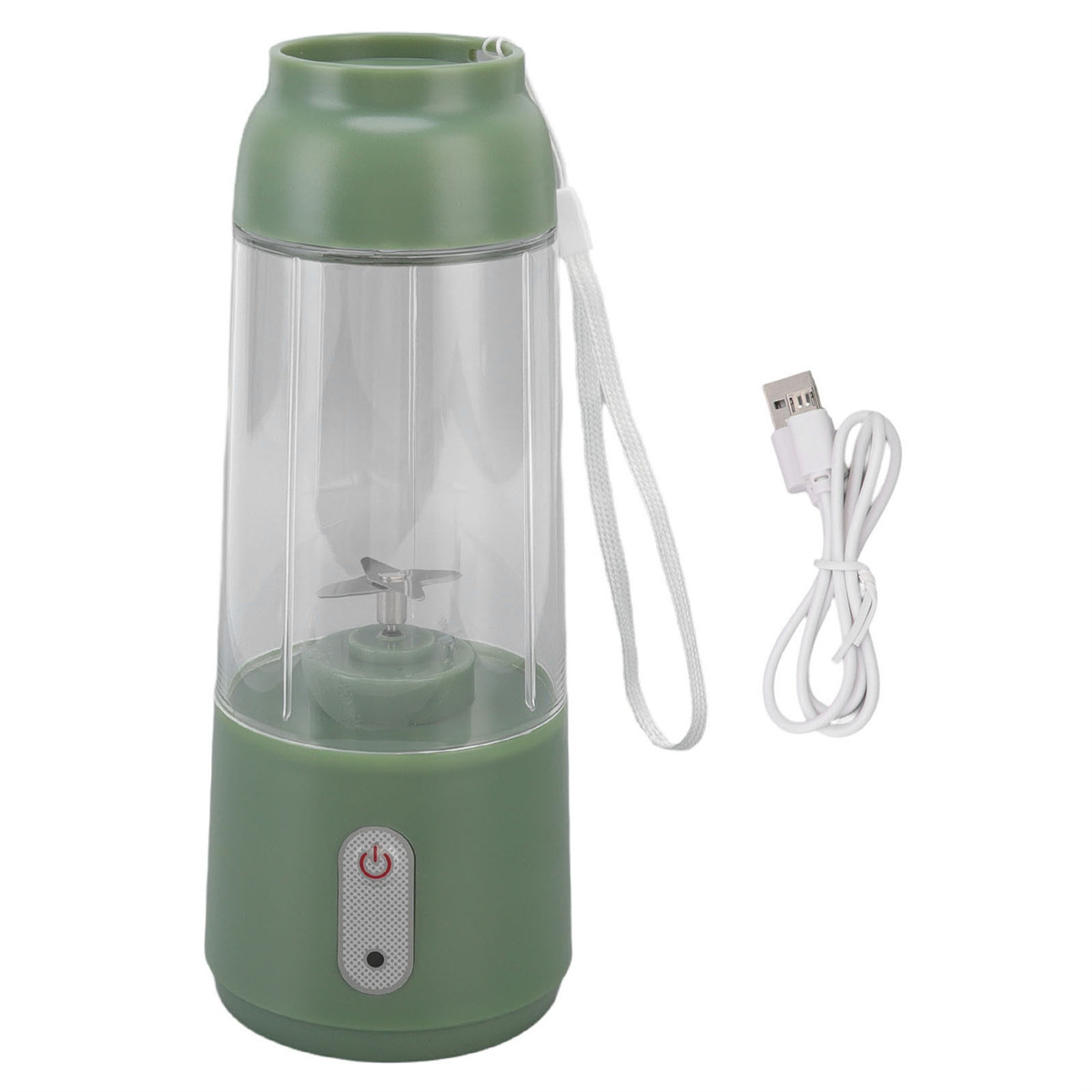Grüner und klarer tragbarer Mixer mit weißem Kabel. Der Mixer hat einen grünen Sockel und Deckel.