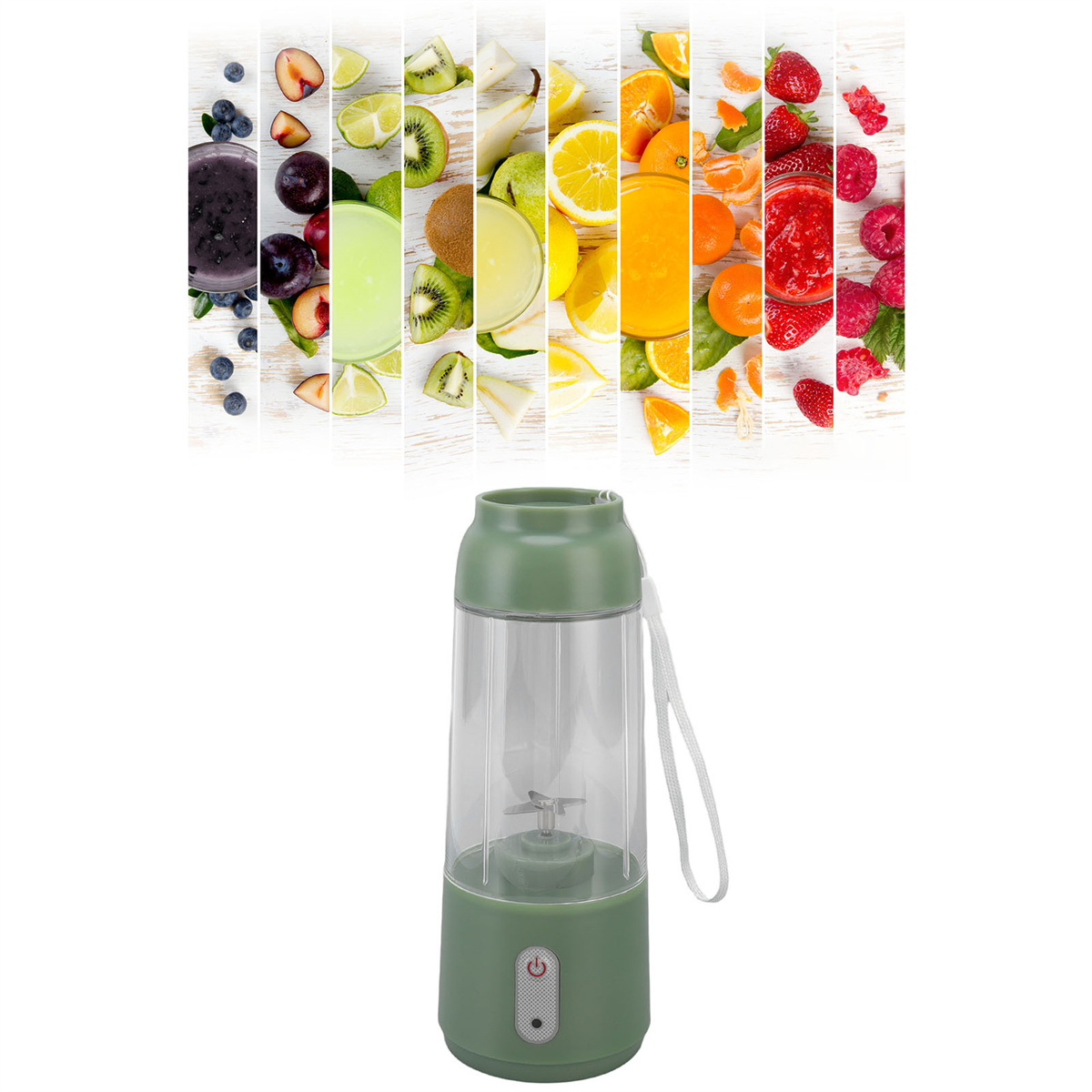 Ein grüner Mixer mit einer Vielzahl von Früchten im Hintergrund. Der Mixer hat ein weißes Kabel und einen Ein-/Ausschalter.