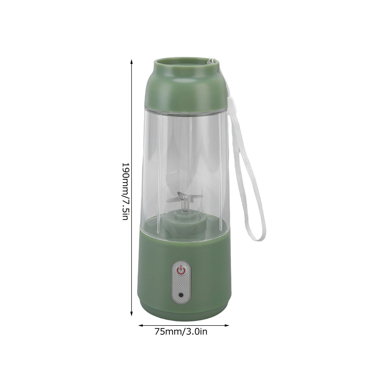 Grüner tragbarer Mixer mit transparentem Behälter, Abmessungen und weißem Riemen.
