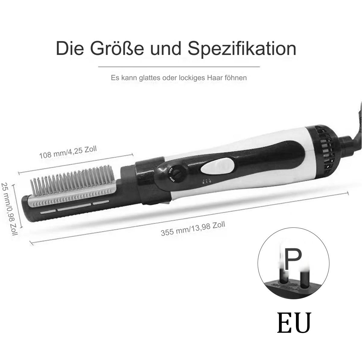 Haarstylingbürste mit Abmessungen. Weiß und schwarz, EU-Stecker. Text: Die Große und Spezifikation.