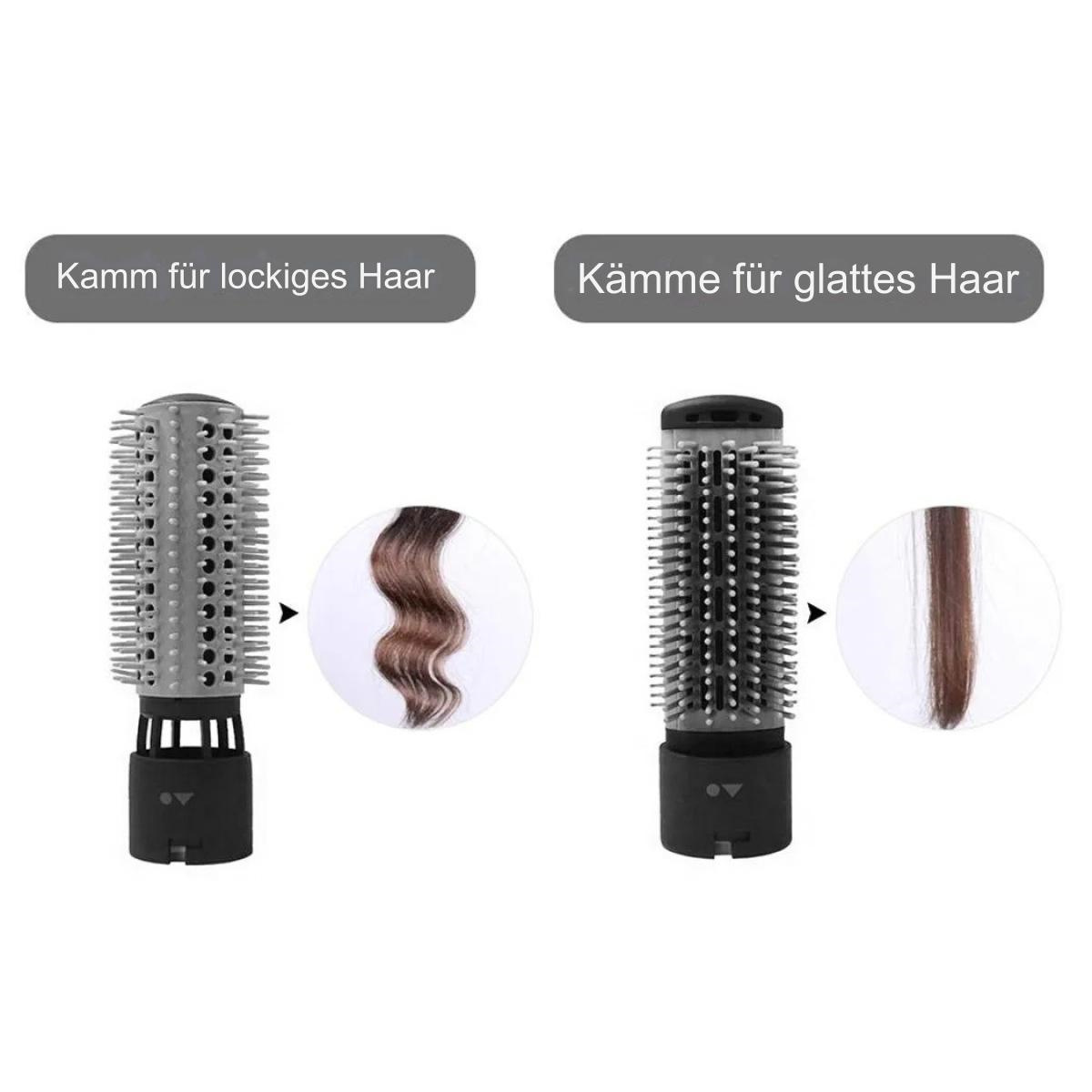 Haarstyling-Bürsten mit deutschem Text, die lockige und glatte Haarproben zeigen.