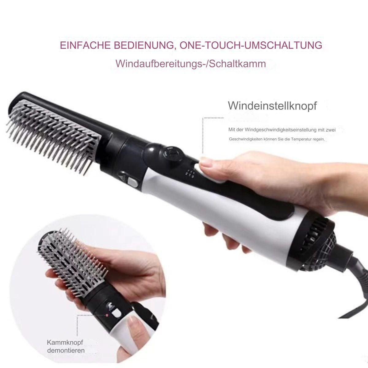 Ein schwarz-weißer Haarstyler mit zwei verschiedenen Bürstenköpfen und einer Hand, die ihn hält.