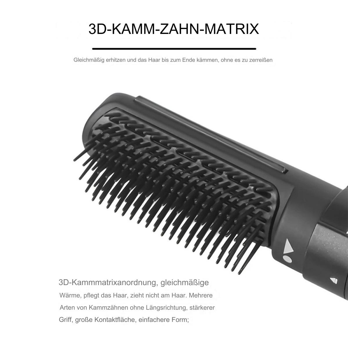 Eine schwarze Haarglättungsbürste mit schwarzen Borsten und weißem Text, mit Textbeschreibungen.