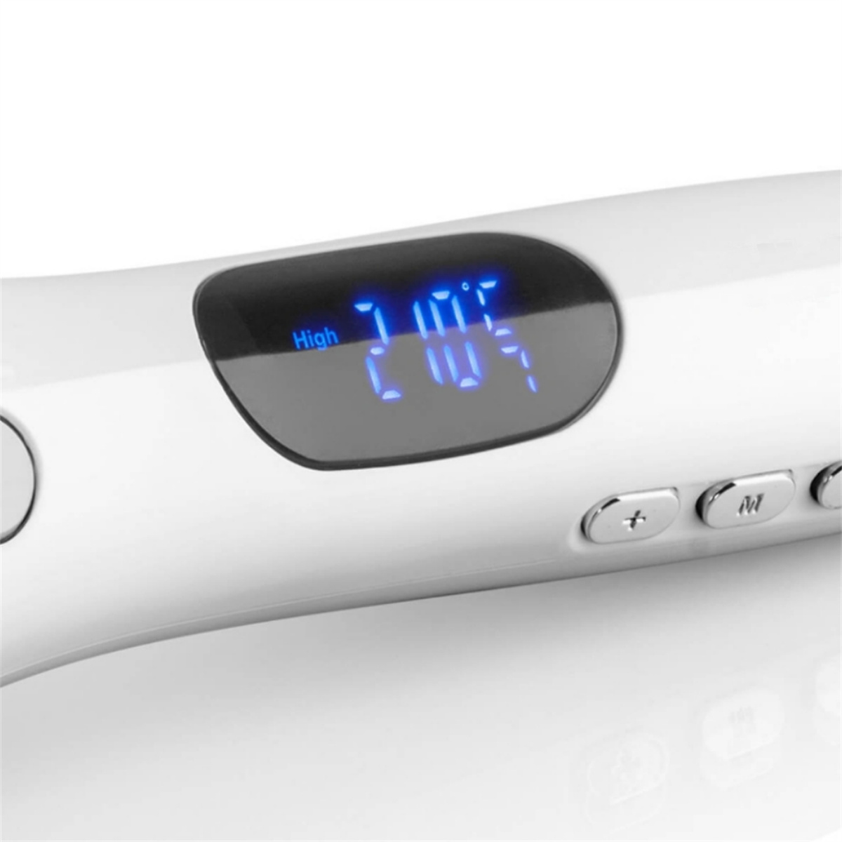 Weißer Haarglätter. Das digitale Display zeigt die Temperatur in blauen Zahlen an.