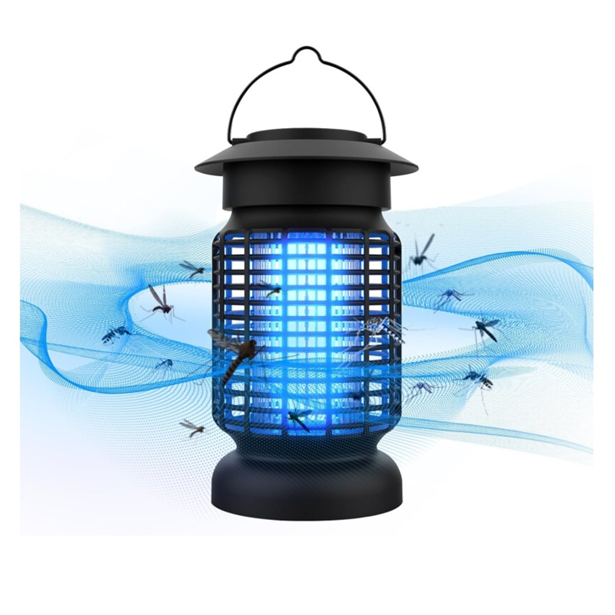 Schwarze Mückenvernichter-Lampe. Umgeben von Mücken, mit blauem Licht. Es hat einen Griff oben und eine zylindrische Form.