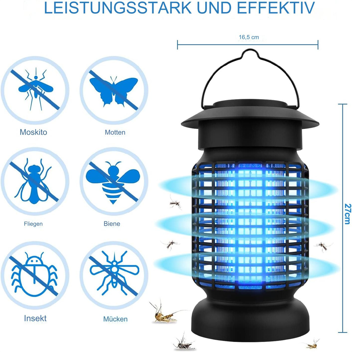 Schwarze Mückenvernichter-Lampe mit Insekten-Icons und Abmessungen, auf blauem Grund.
