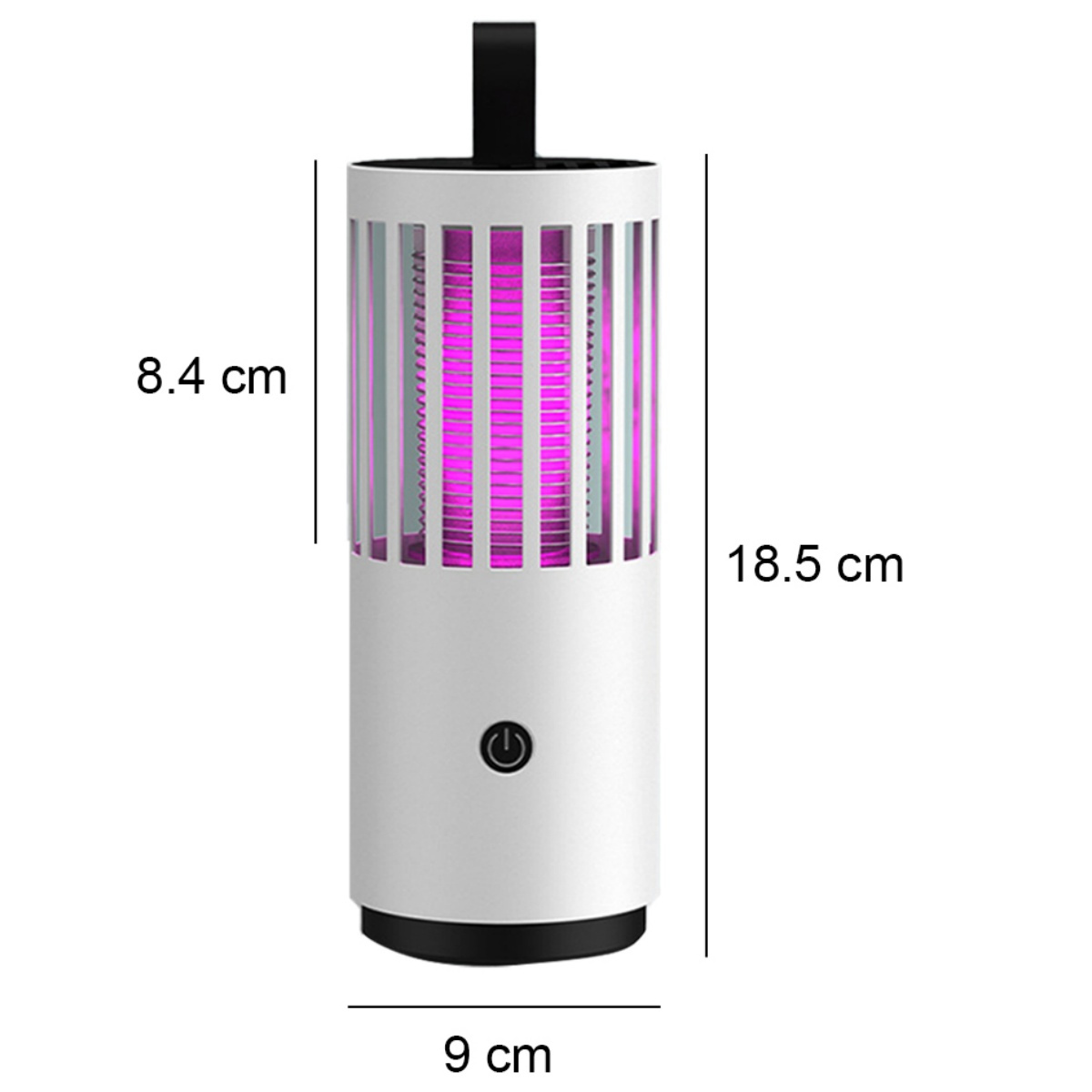 Eine weiße Mückenfangvorrichtung, zylindrische Form mit rosa Licht und Abmessungen.