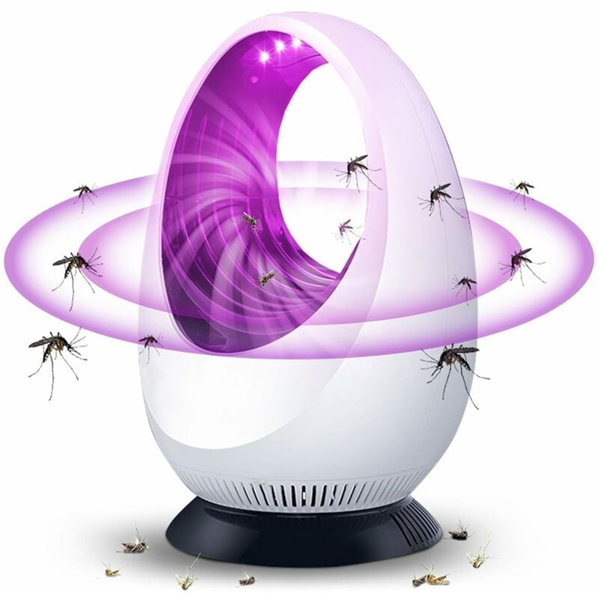 Moskitofalle mit fliegenden Insekten und violett leuchtendem Innenraum.