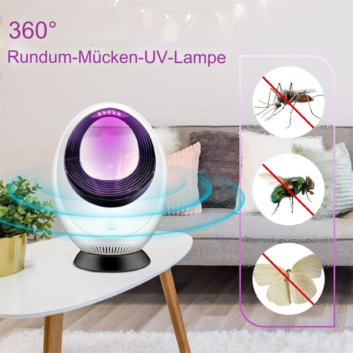 Eine Insektenvernichterlampe auf einem Tisch mit Bildern von Insekten mit rotem X.