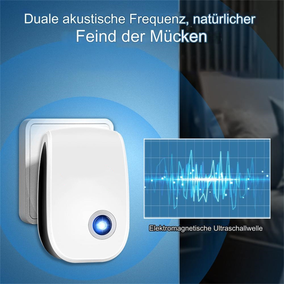 Weißes Schädlingsbekämpfungsgerät in einer Steckdose mit blauer Wellengrafik.