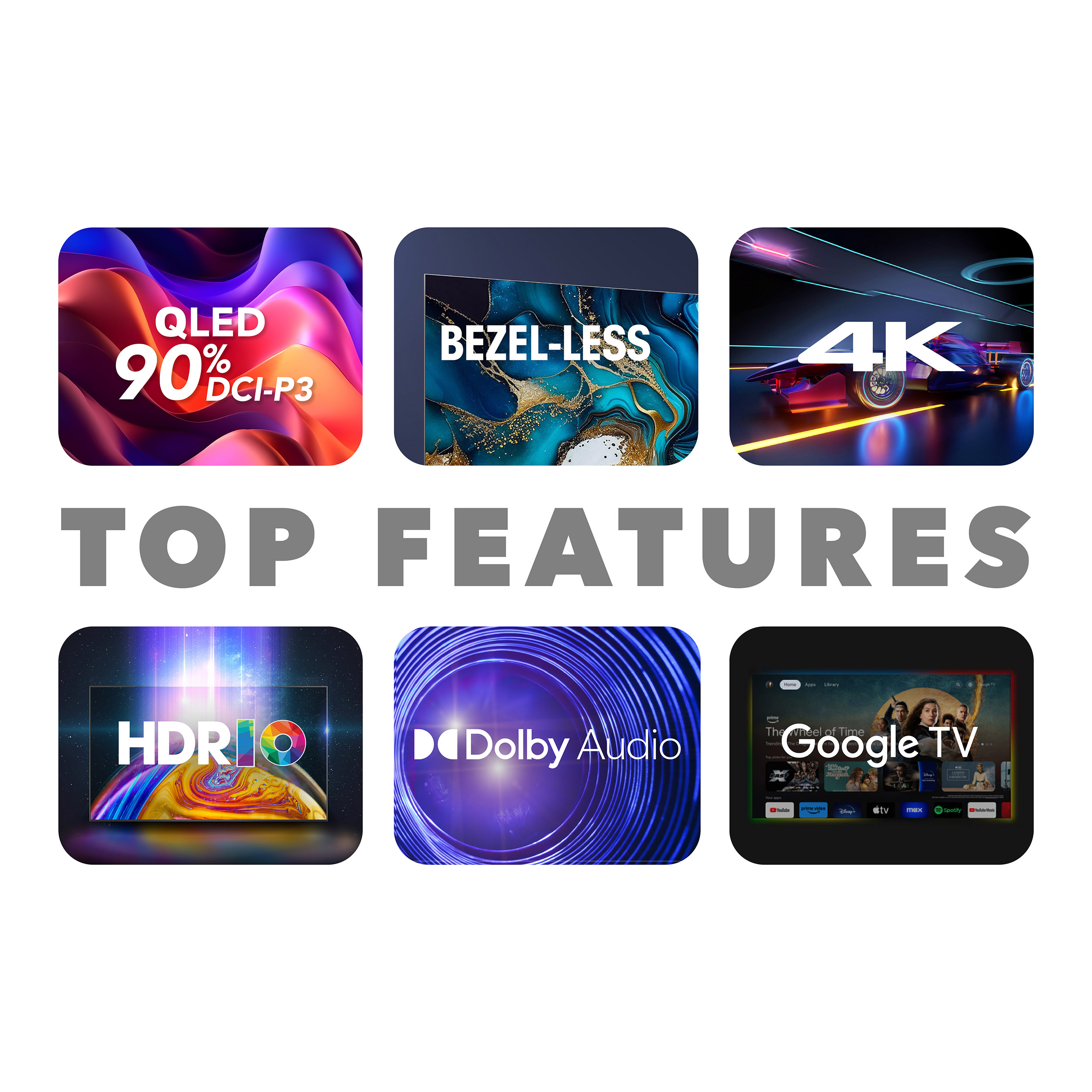 Ikony najważniejszych funkcji telewizora: QLED, bezramkowy, 4K, HDR10, Dolby Audio, Google TV.