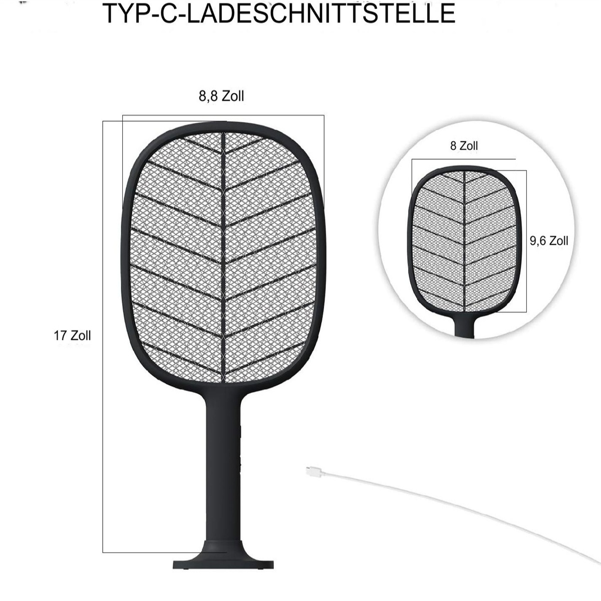 Ein schwarzer elektrischer Fliegenfänger mit langem Griff. Abmessungen in Zoll und Zentimetern.