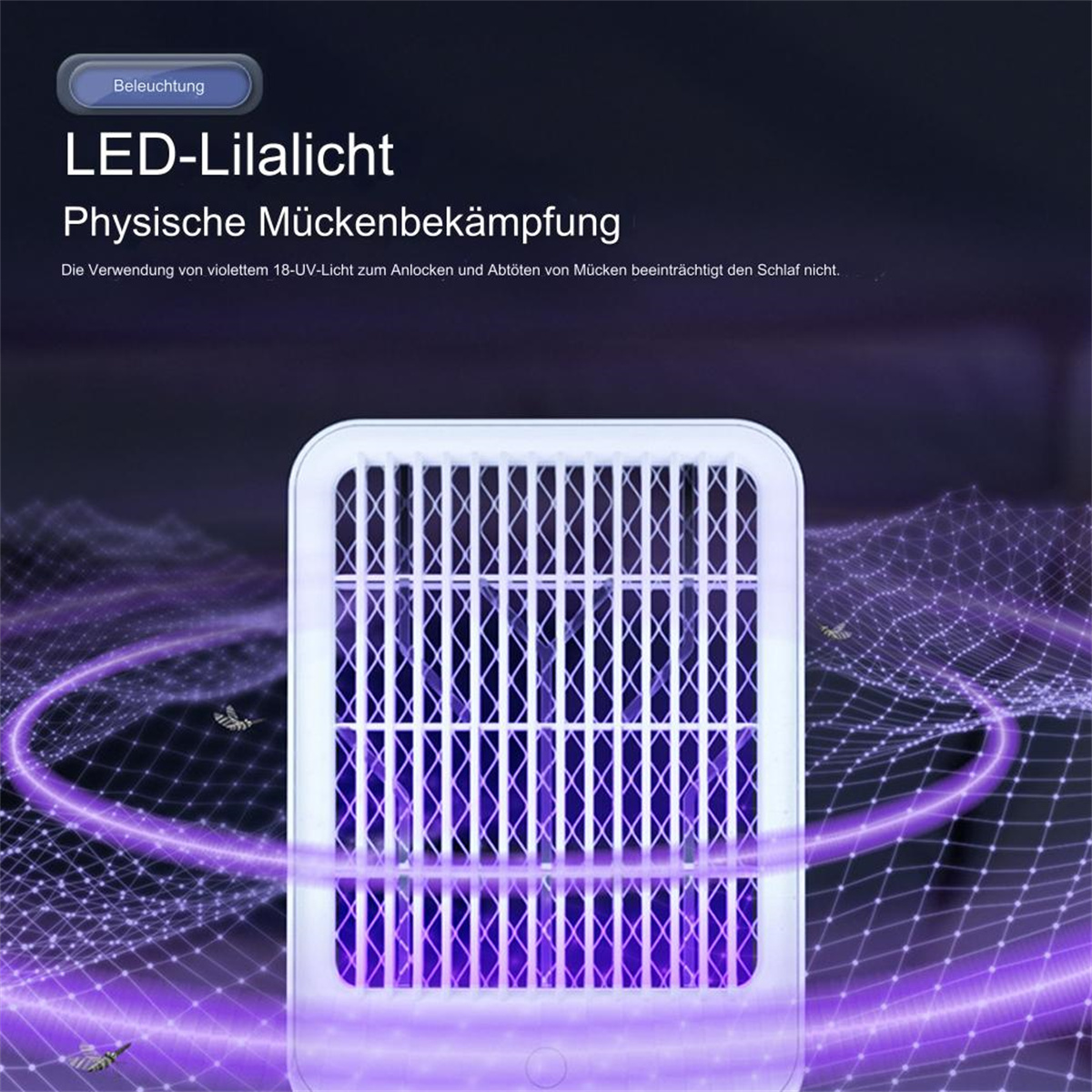 Weißes Mückentötungsgerät mit violettem UV-Licht, umgeben von Insekten und violetten Lichtstrahlen.