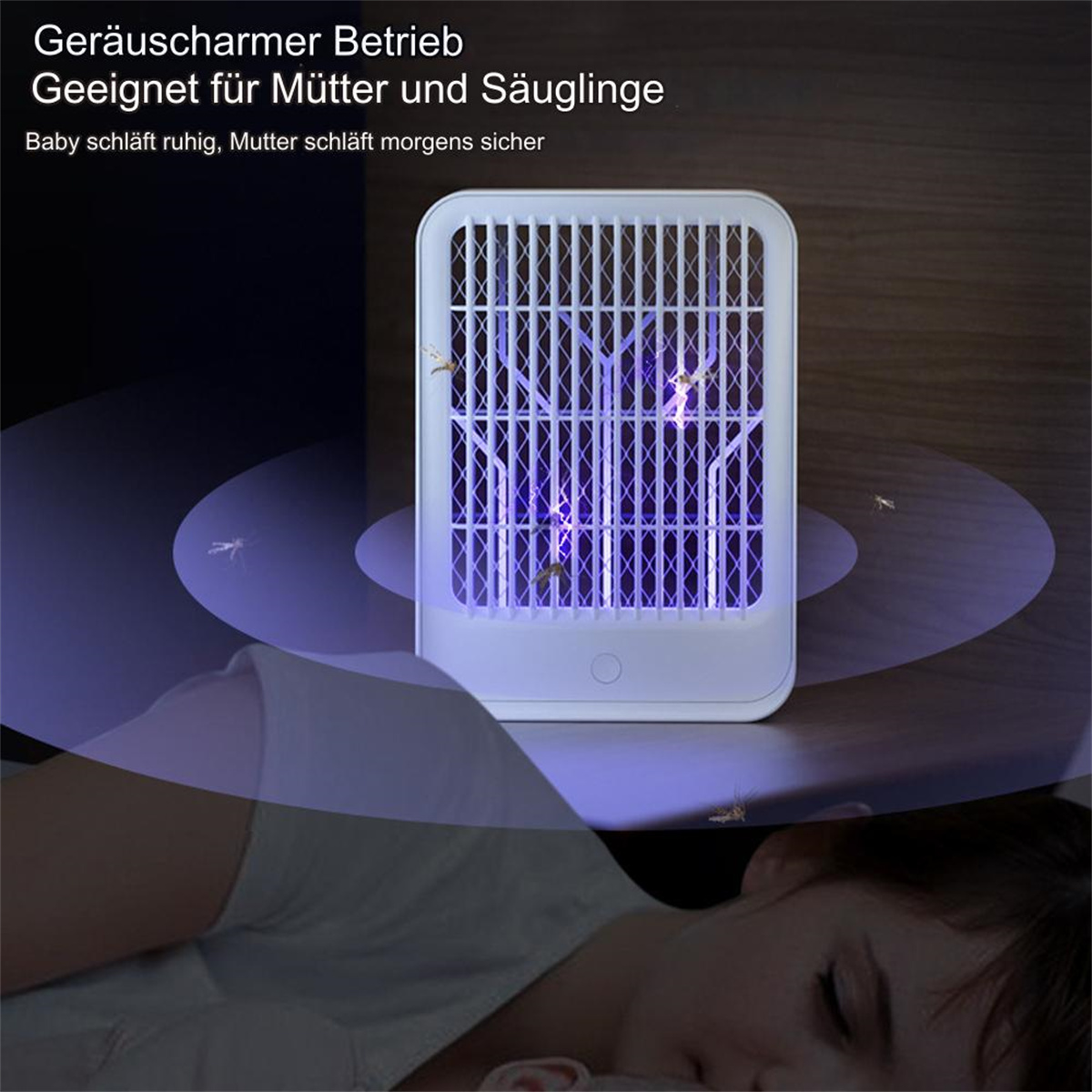 Eine weiße Mückenfalle mit violettem Licht. Mücken sind darum herum auf dunkler Oberfläche zu sehen.