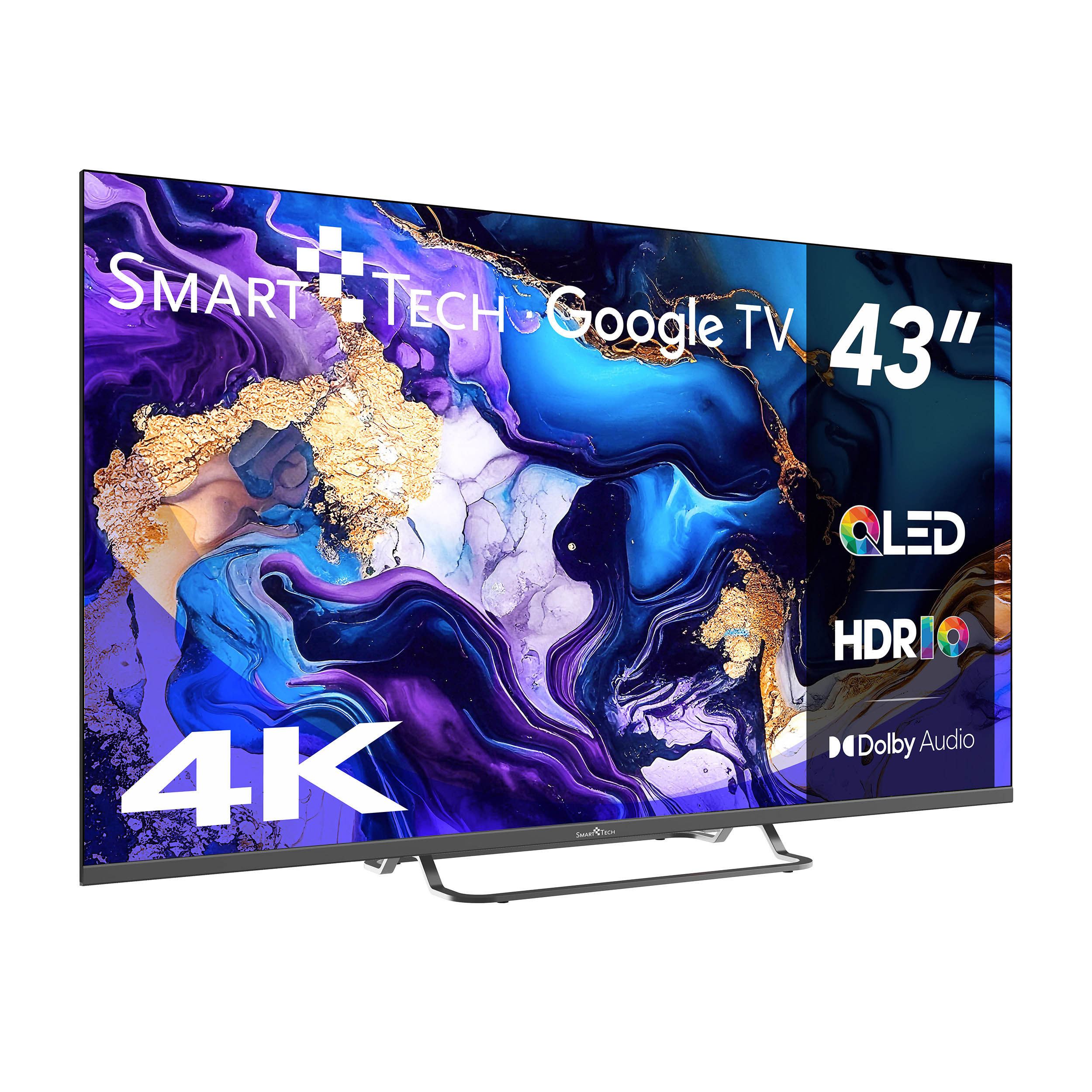 43-calowy Smart Tech Google TV z QLED, HDR10 i Dolby Audio. Wyświetla kolorowy abstrakcyjny obraz.