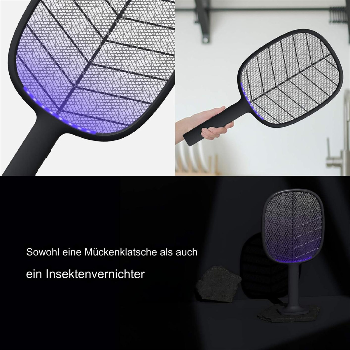Schwarzer Insektenvernichter mit lila Licht. Der Zapper steht auf einem Ständer und in der Hand einer Person.