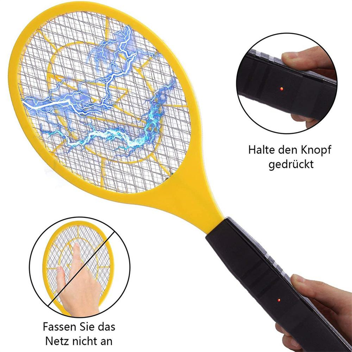 Gelber elektrischer Fliegenklatscher mit blauem Blitz, Anweisung zum Knopfdrücken.