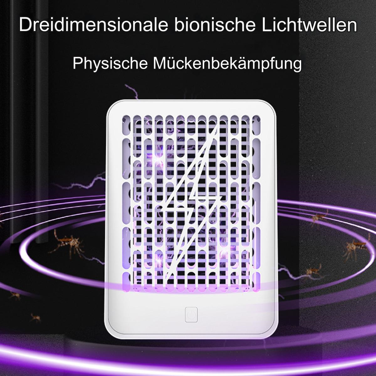 Weißer Insektenvernichter mit lila Licht. Insekten werden in der Nähe des Geräts auf schwarzem Hintergrund gezeigt.