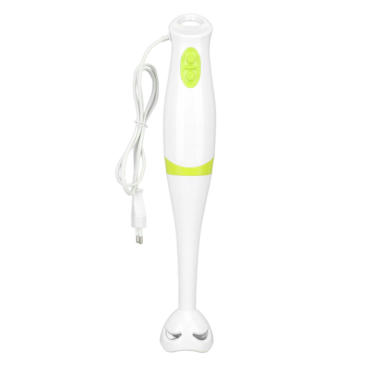 Ein weißer Stabmixer mit grünem Akzent und Knöpfen, Kabel und Stecker sichtbar.