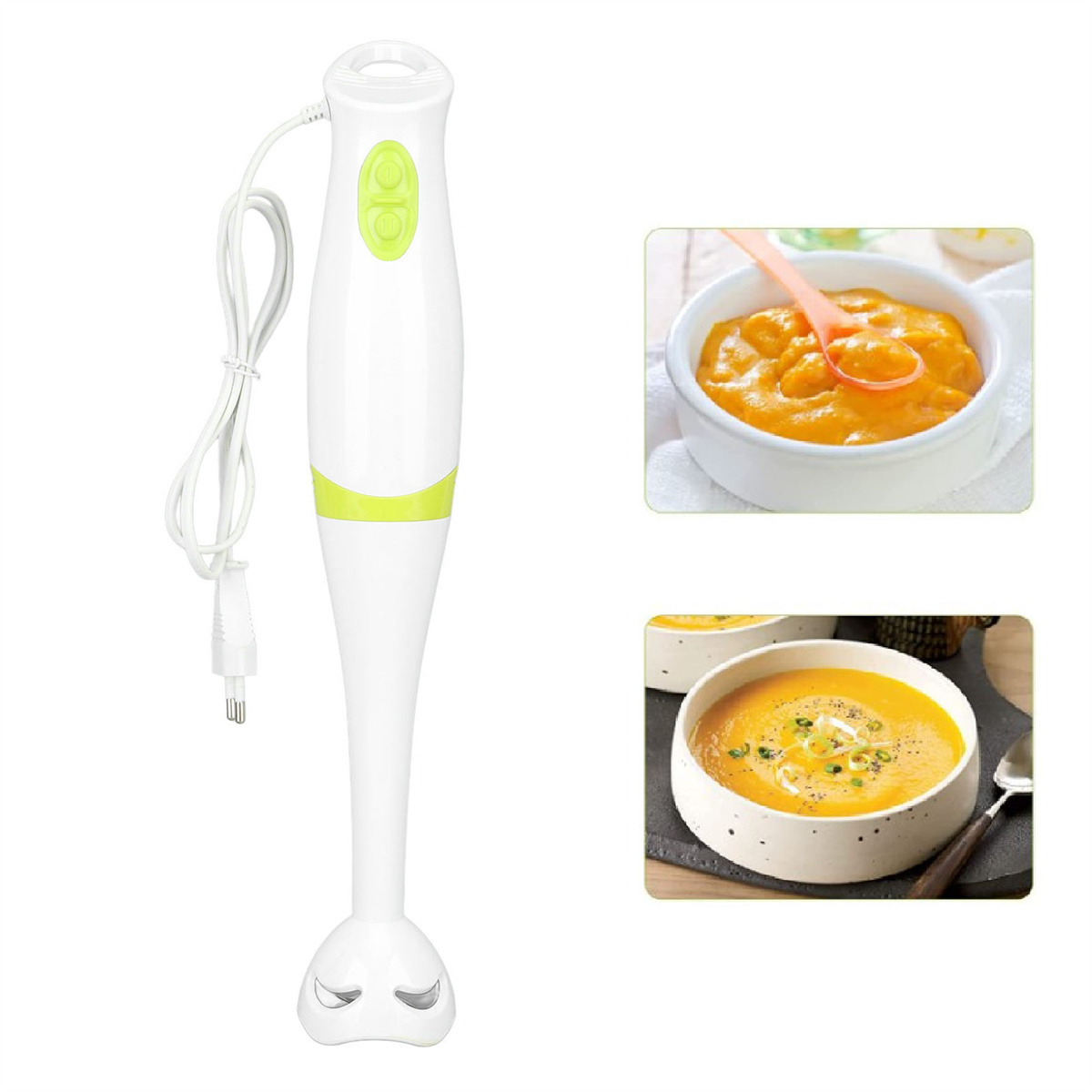 Weißer und grüner Stabmixer mit zwei Schüsseln Suppe rechts.