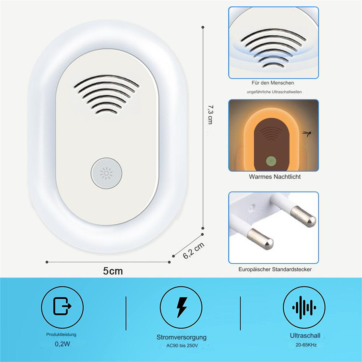 Weißes Insektenschutzmittel mit Diagrammen, Etiketten und Stecker, auf weißem Hintergrund.