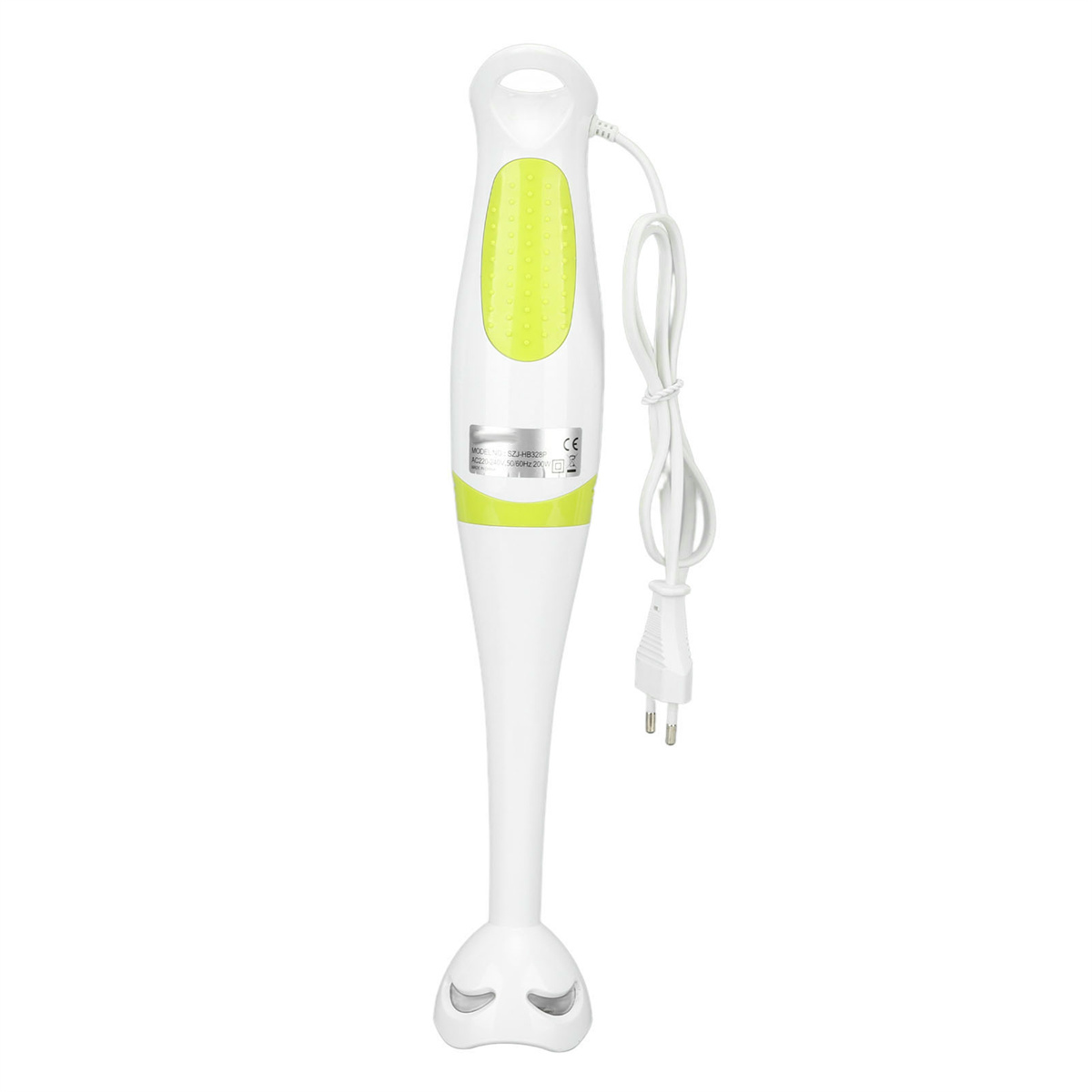 Ein weißer Stabmixer mit grünem Akzent und weißem Kabel mit Stecker.