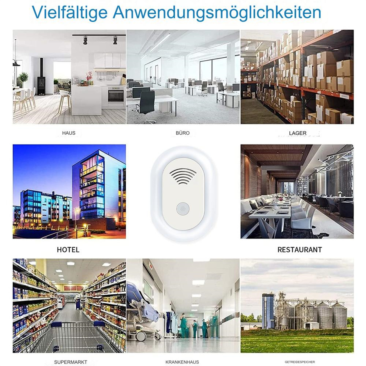 Ein weißes Gerät mit Symbolen und mehrere Bilder von Orten wie Büros und Hotels.