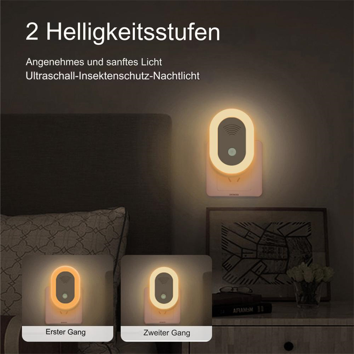 Zwei kleine Nachtlichter, die in die Wand gesteckt sind. Sie sind weiß und beige.