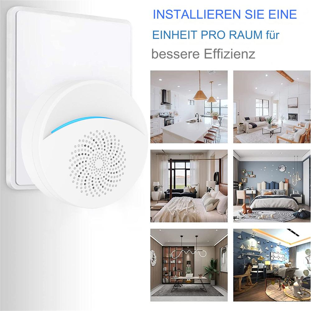 Weißer Smart-Stecker an einer Wand, mit Raumbildern zur Installationsveranschaulichung.