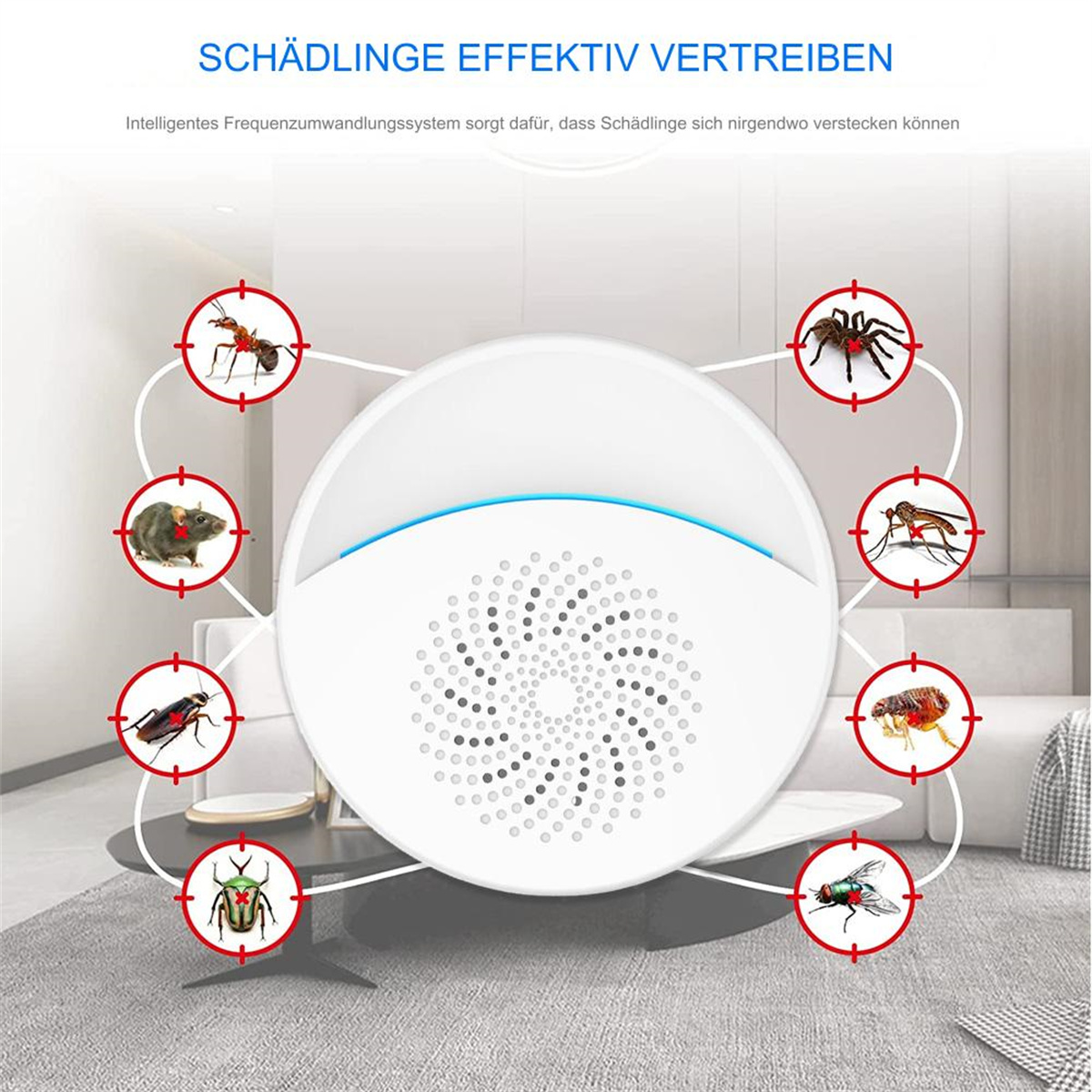 Ein weißes Schädlingsbekämpfungsgerät mit Insektengrafiken auf grauem Teppichboden.