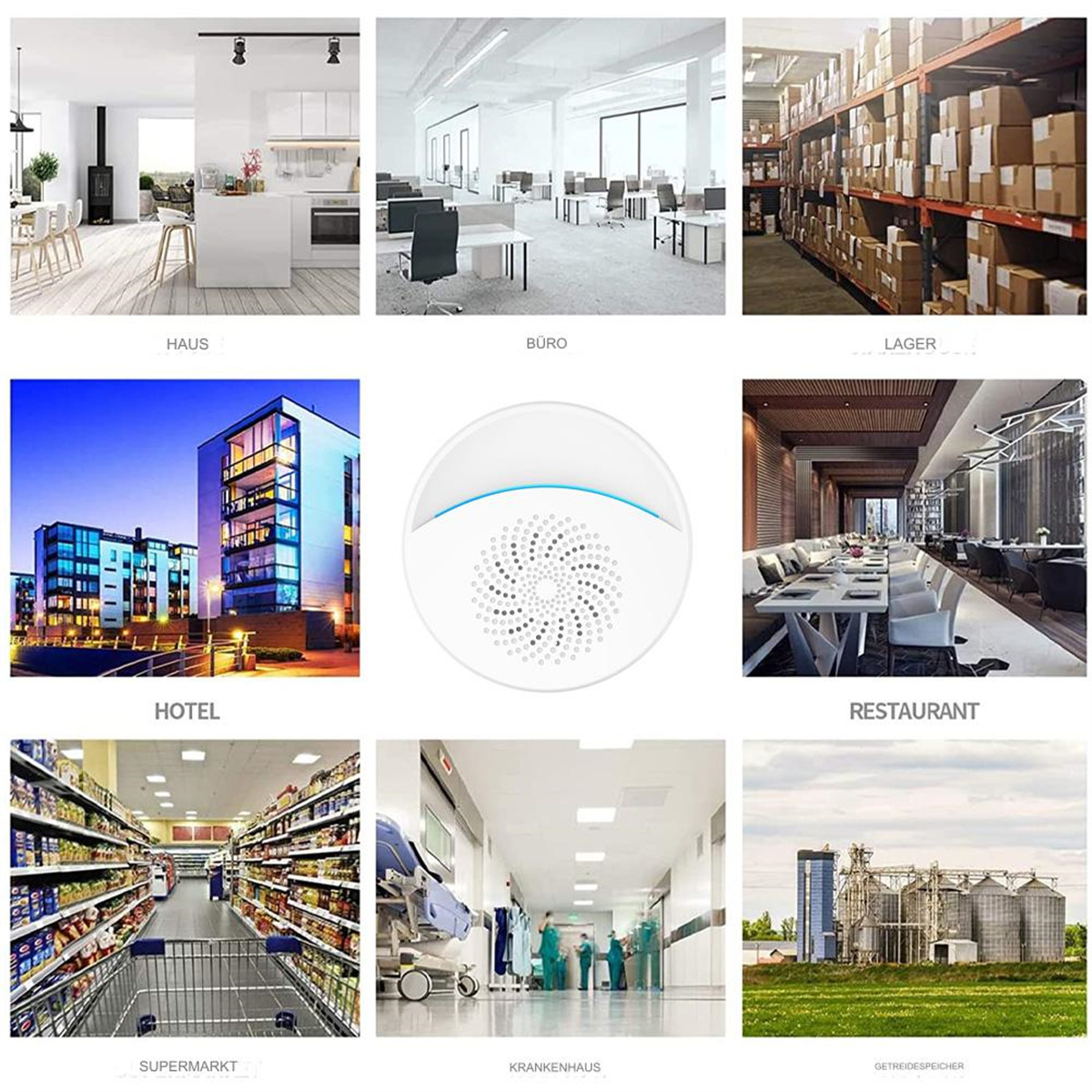Collage von Gebäuden und Innenräumen: Haus, Büro, Lager, Hotel, Restaurant, Supermarkt, Krankenhaus, Getreidesilo.