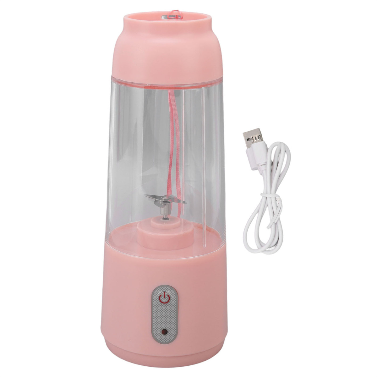 Ein rosa Mixer mit transparentem Behälter, Klinge und weißem USB-Ladekabel.