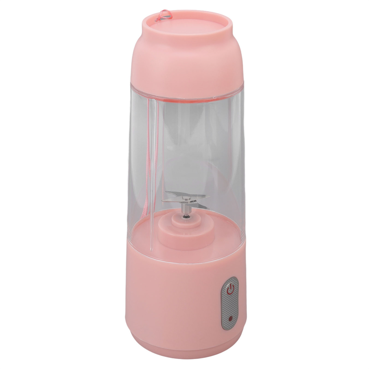 Rosa tragbarer Mixer mit transparentem Behälter und einem Knopf.