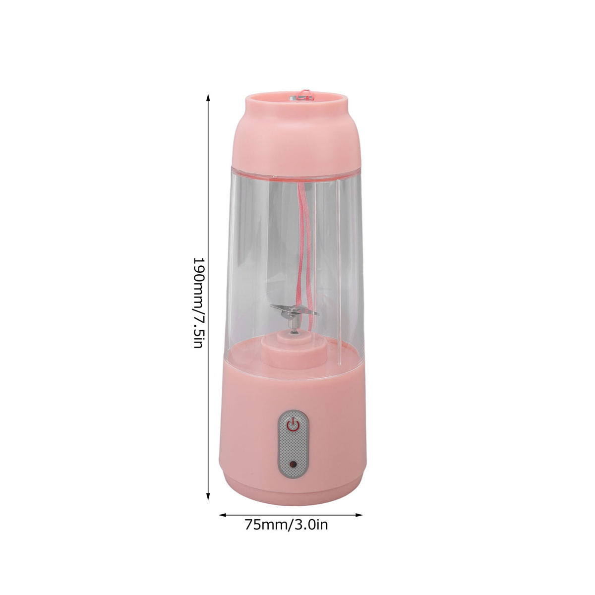 Rosa tragbarer Mixer mit Maßen. Zeigt die Größe mit transparentem Behälter.