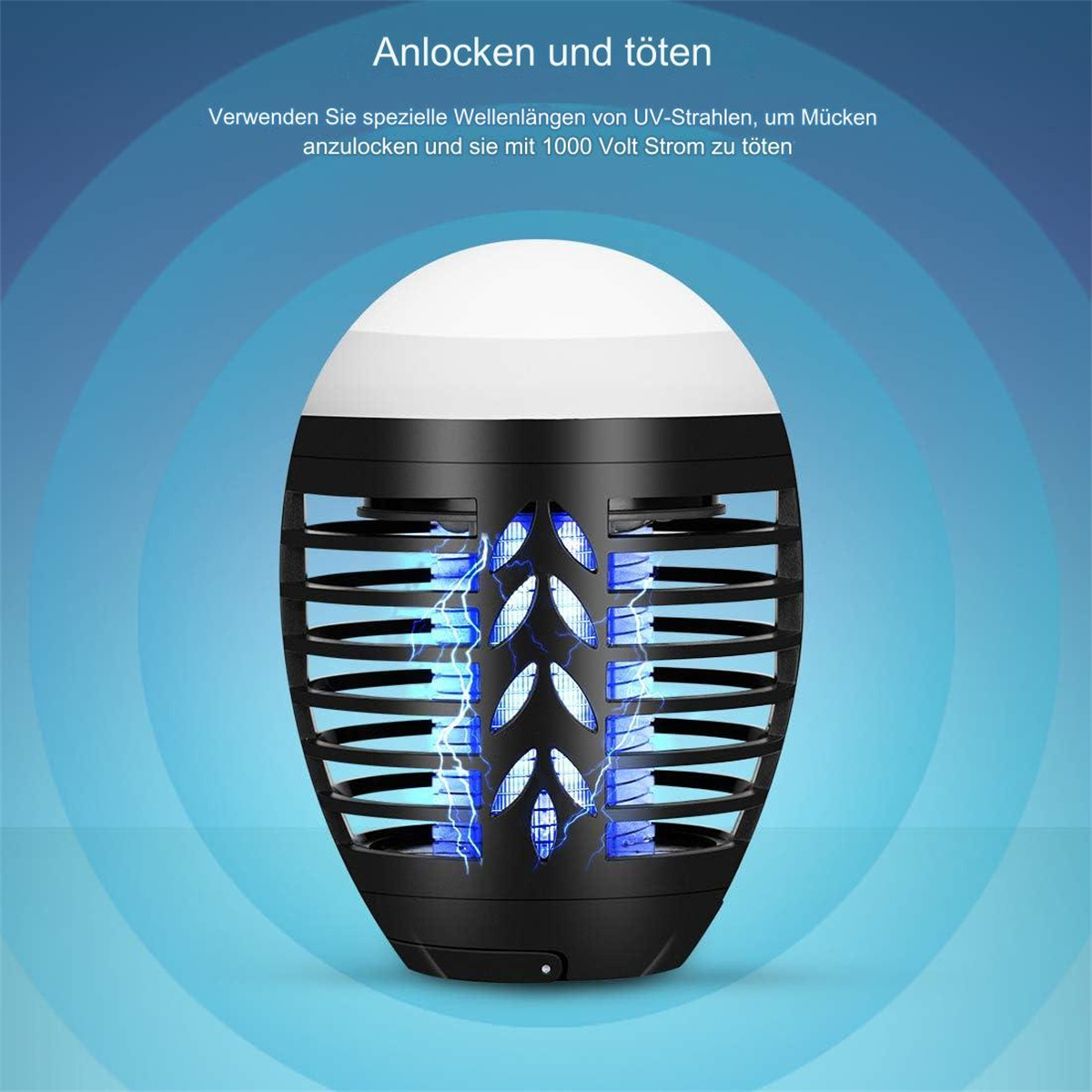 Ein schwarz-weißer Mückenvernichter mit blauen Lichtern. Text lautet: 'Sperren und töten'.