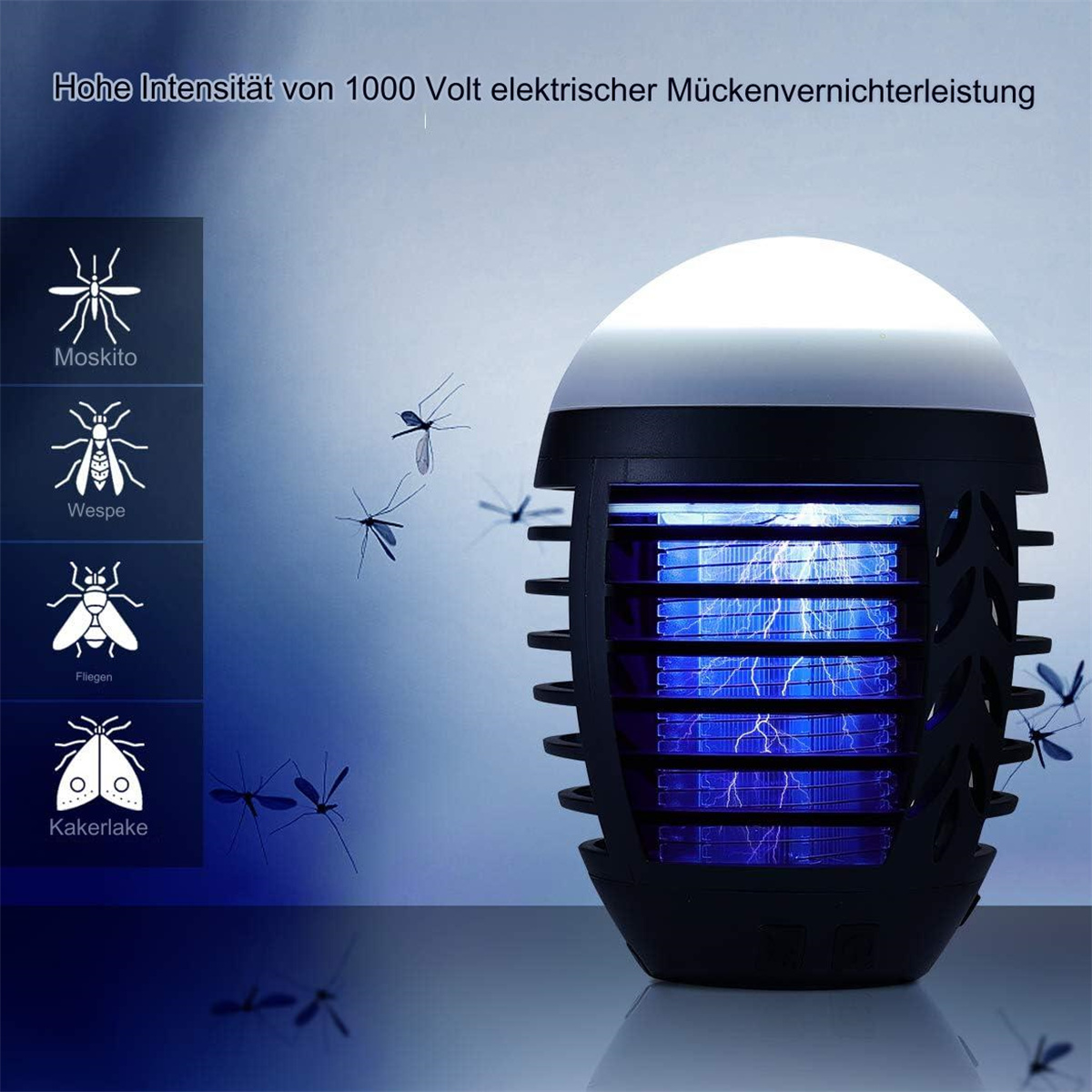 Eine Mückenfalle mit blauem Licht und Insekten-Silhouetten, mit deutschem Text.