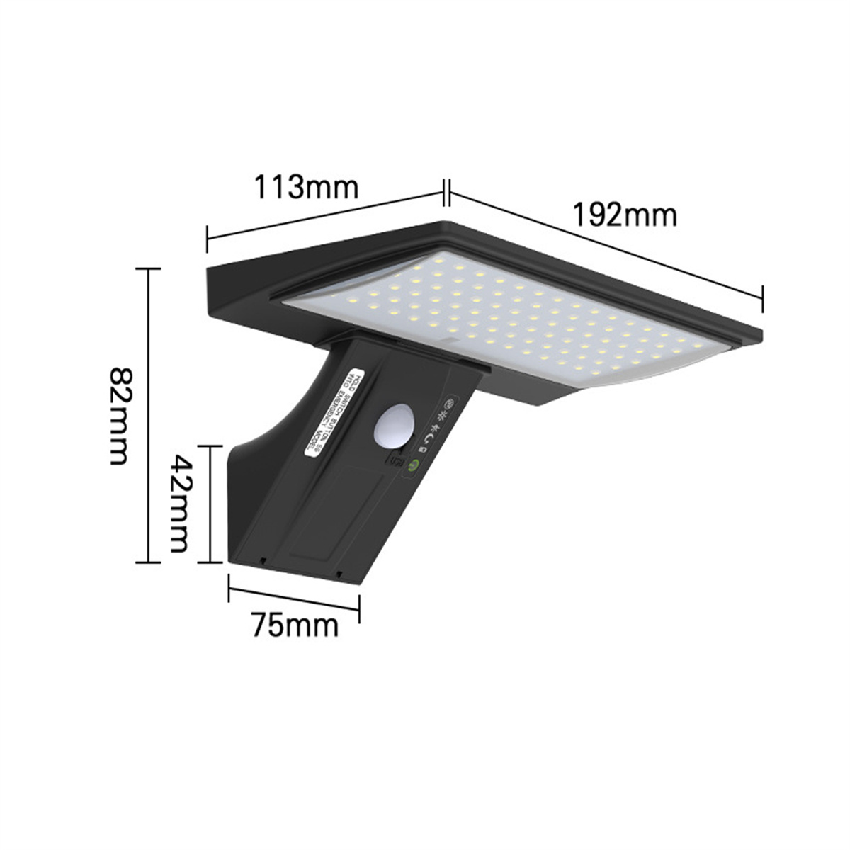 Solarpanel mit Maßen: 113mm, 192mm, 82mm, 75mm, 42mm.