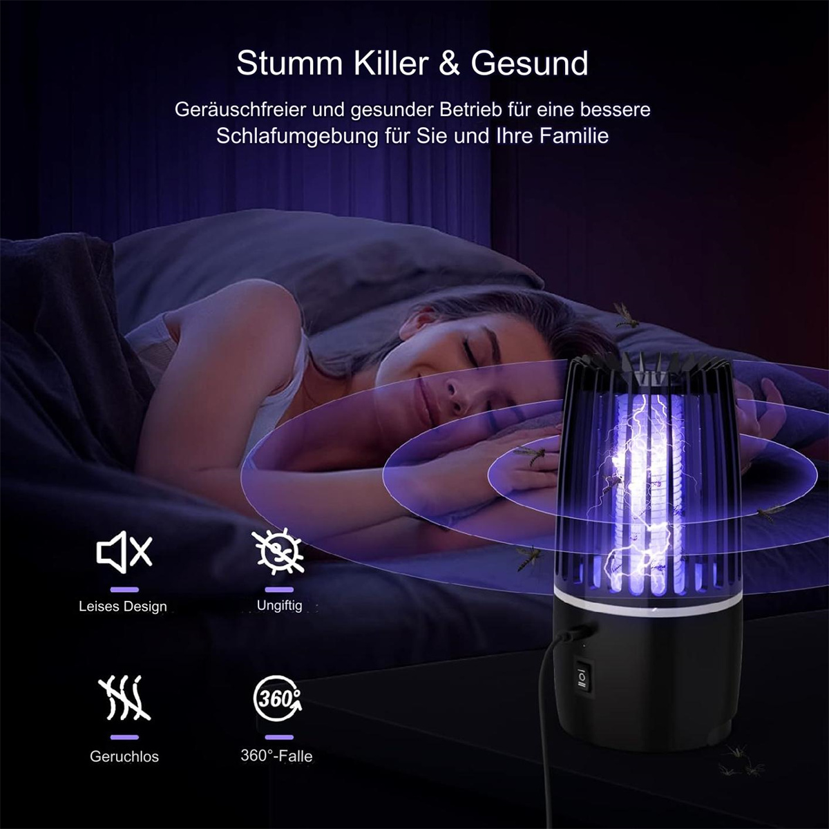 Schlafende Frau neben einem schwarzen Moskitokiller mit lila Licht.