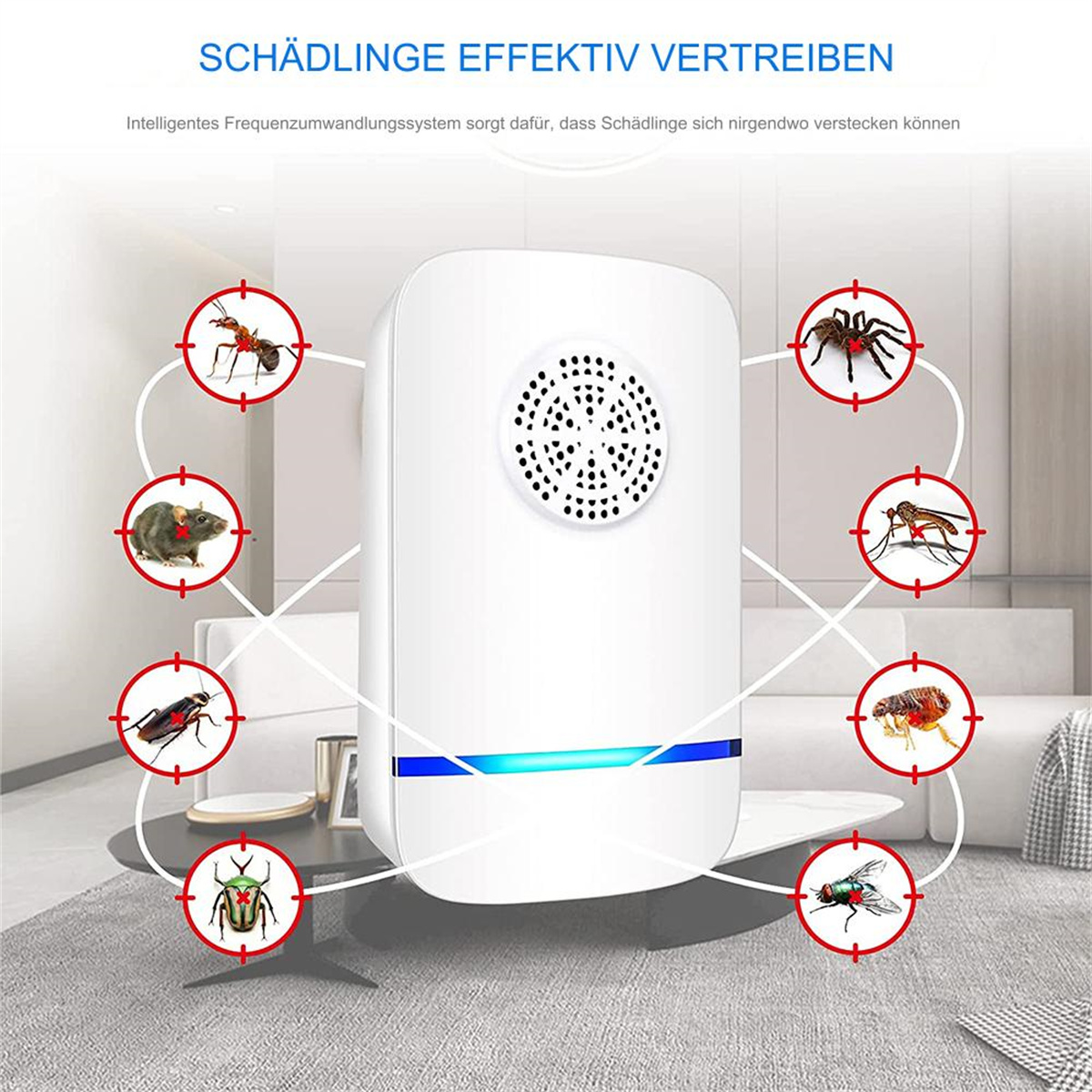 Weißer Schädlingsbekämpfer mit Illustrationen von Insekten und Nagetieren. Text: SCHÄDLINGE EFFEKTIV VERTREIBEN.