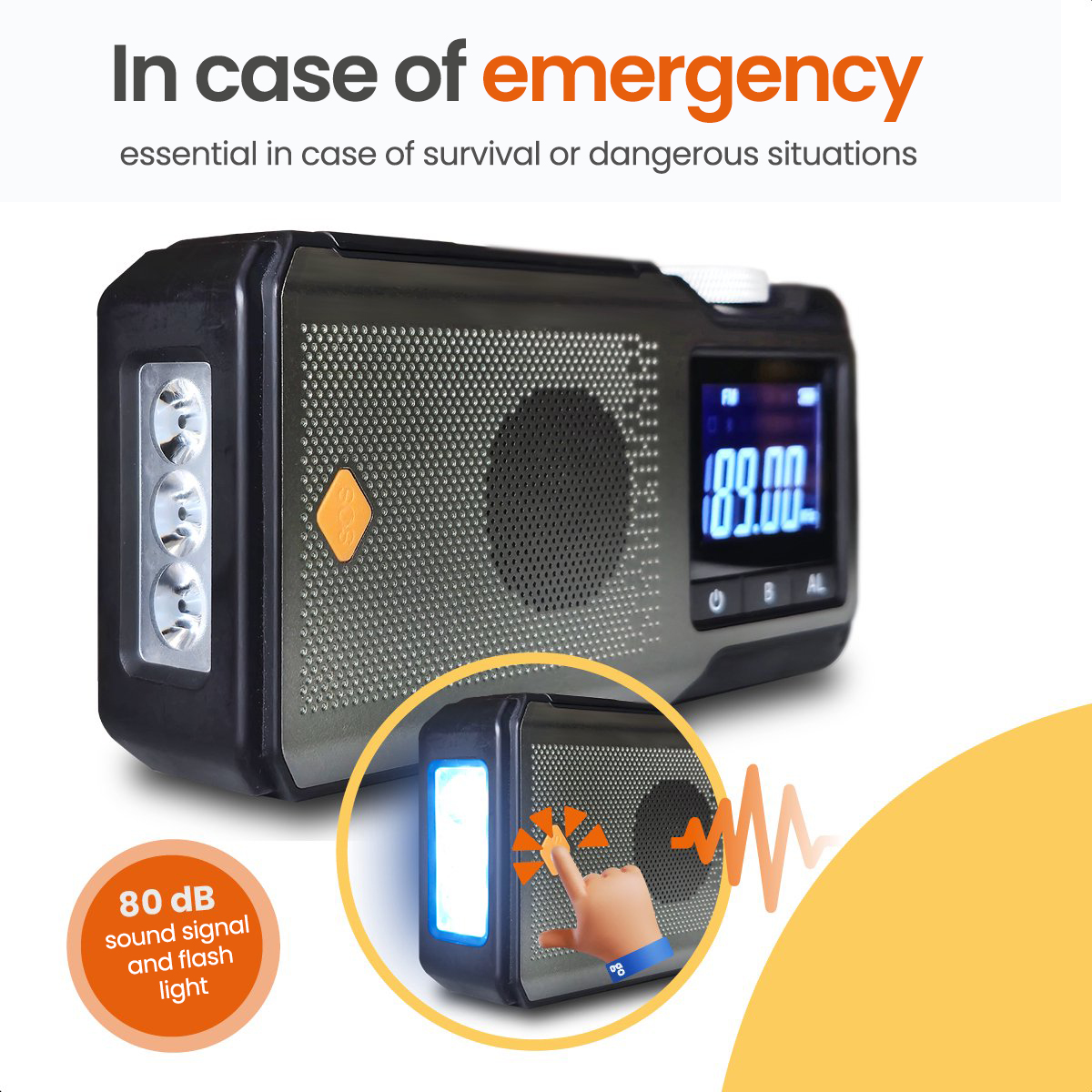 Black radio with a digital display, text 'In case of emergency', and a hand touching a light.