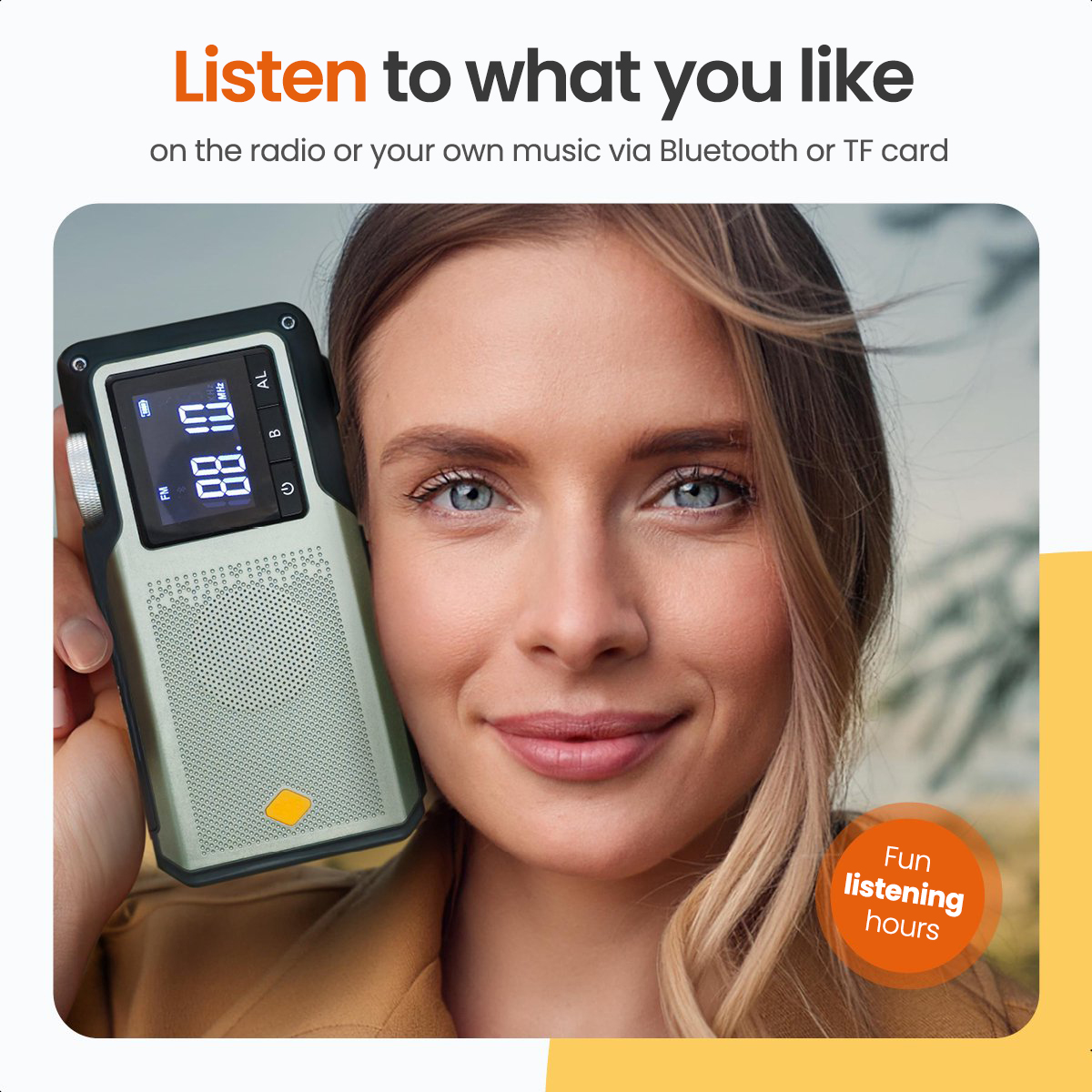 Woman holding a retro radio, text: Listen to what you like.
