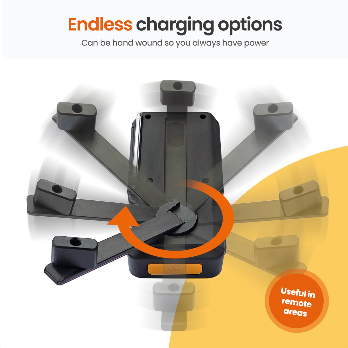 Black device with arms rotating around an orange circle. Text reads "Endless charging options."