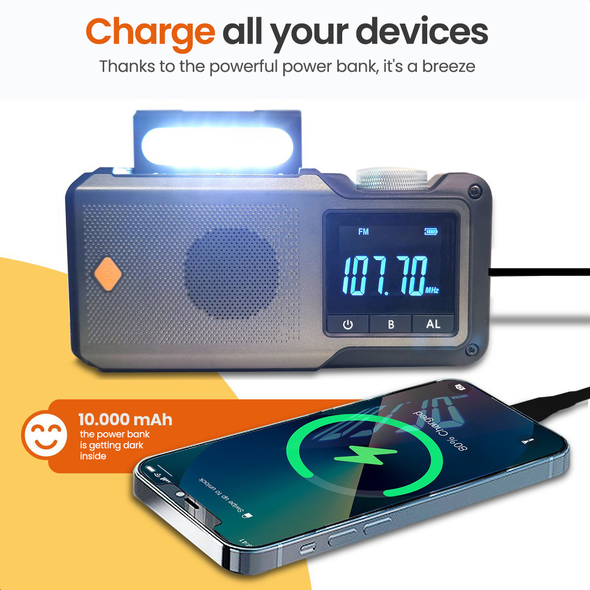 A gray portable radio charging a phone with a power bank and a flashlight.
