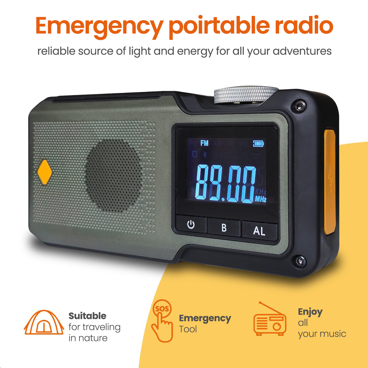 An olive green emergency radio displays 89.00 MHz with icons for travel and SOS.